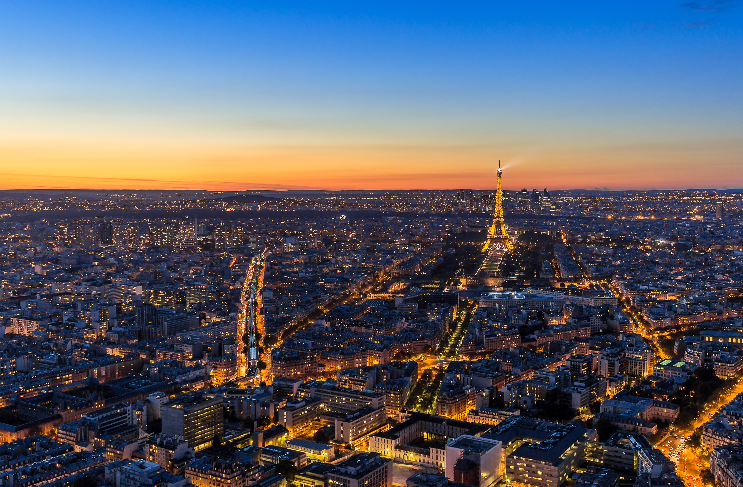Arial view of city of romance - Paris at sunset