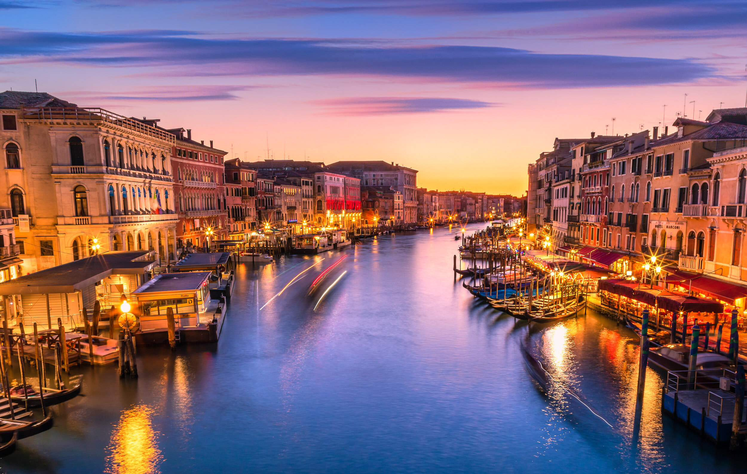 Beautiful evening on Rialto Bridge in Venice Italy
